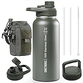 ONETIGRIS 32 oz Insulated Water Bottle with Straw - Tactical Stainless Steel Water Jug, Leakproof Thermos Wide Mouth Sport bottle with 3 Lids and Sleeve for Travel, Gym, Camping, Hiking