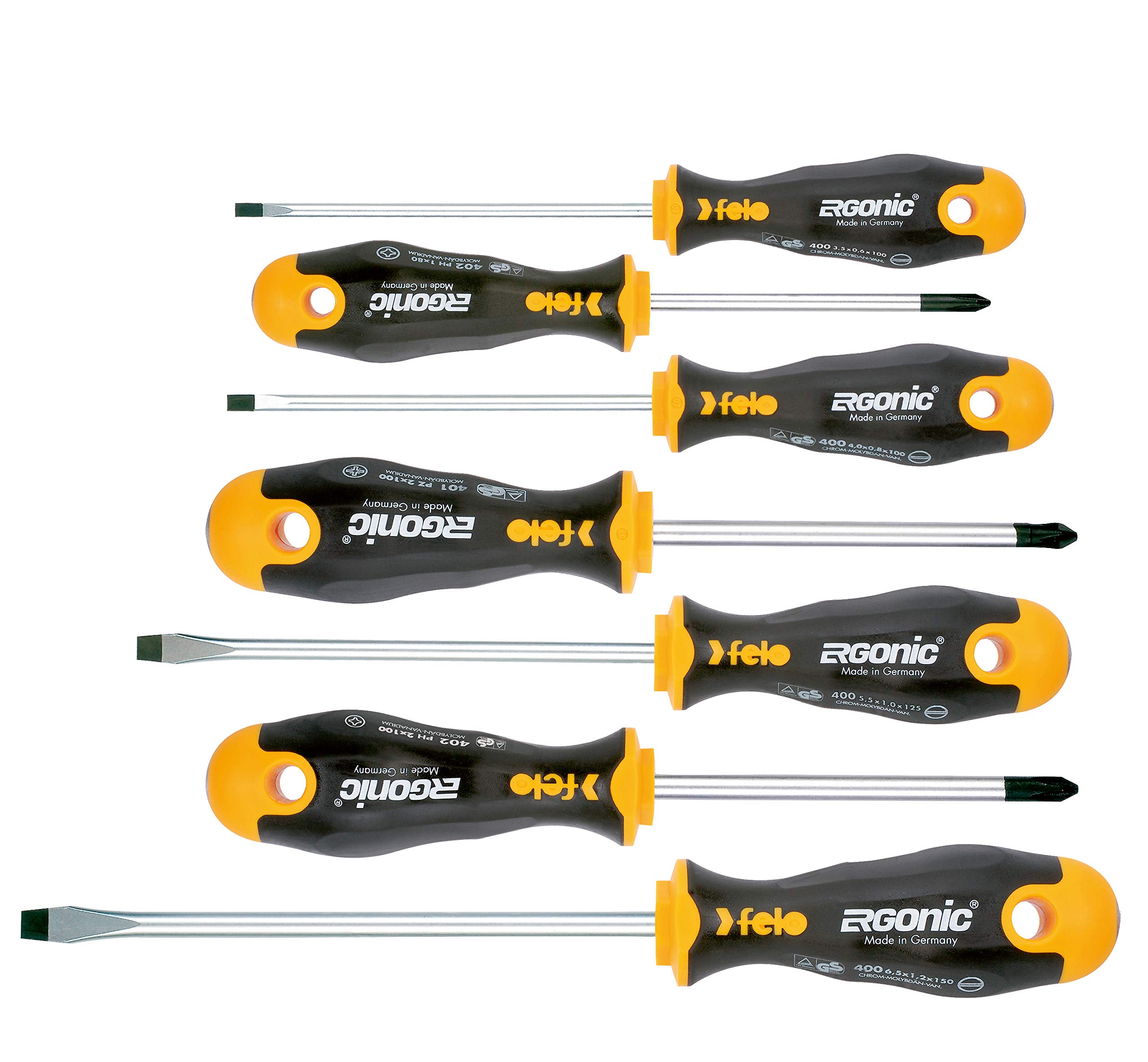 Felo 7-Piece Ergonic Screwdriver Set, Includes Hex and Cross Slot Screwdrivers, Shock-proof Core, High-performance, Model 00040097118