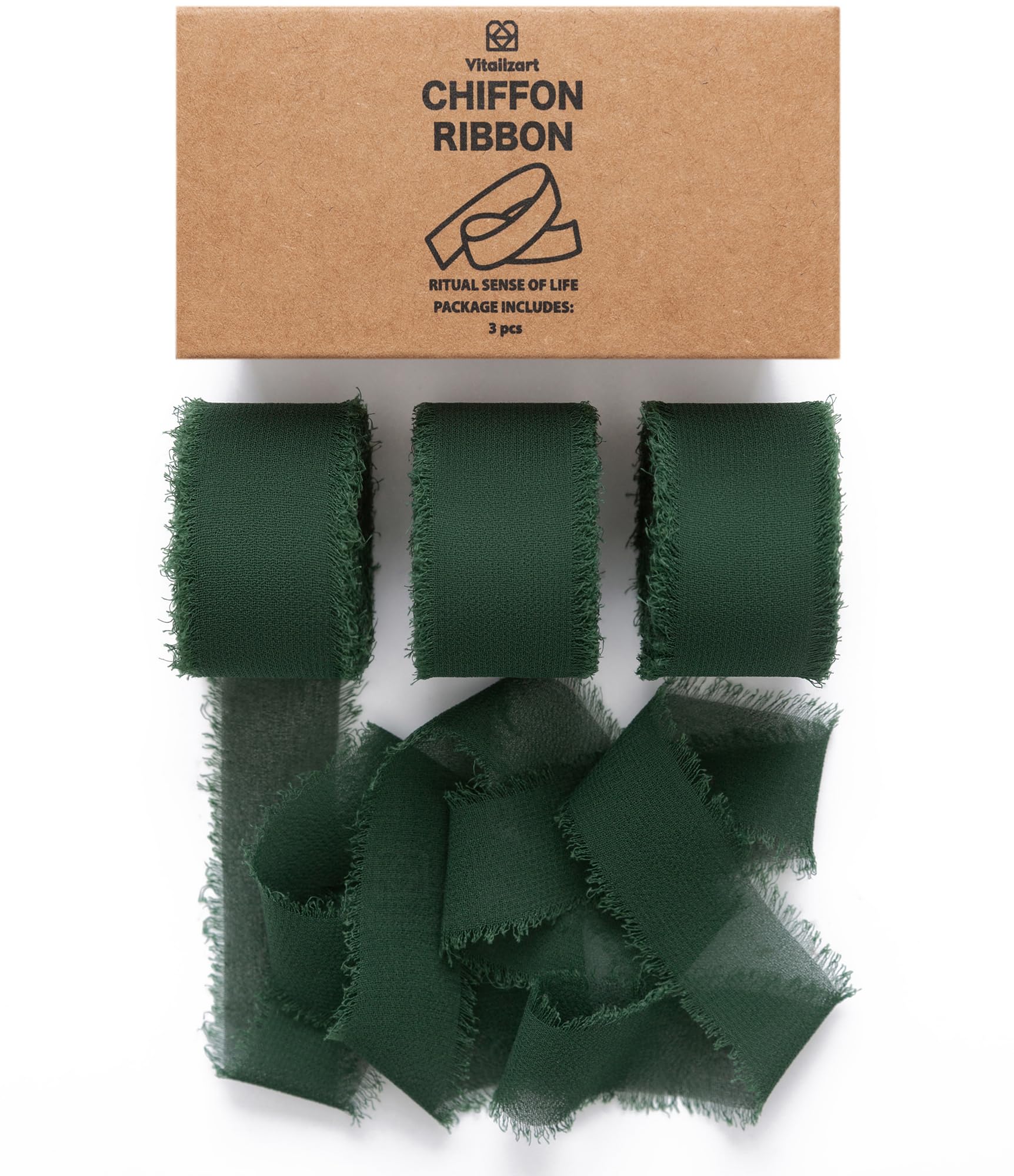 Vitalizart Dark Green Chiffon Silky Ribbon 1" x 21Yd Fringe Edge, Fabric Ribbon Package (3 Rolls *7Yd) for Wedding Invitation, Bridal Bouquet, Decoration, Gift Wrapping, Bow Making