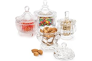 YOUEON Set of 4 Glass Covered Candy Dish with Lid, Crystal Candy Jar Clear Decorative Glass Jars Sugar Dish for Candy Buffet,