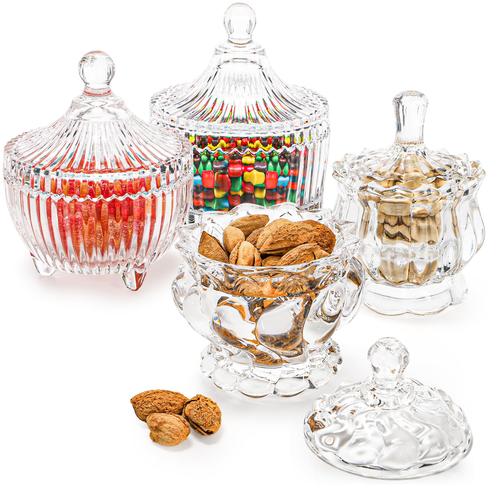 YOUEON Set of 4 Glass Candy Dish with Lid, Crystal Covered Candy Bowl Clear Decorative Candy Jar Cookie Container for Candy Buffet, Party, Wedding, Kitchen, Home, 4 Styles