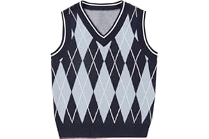 BASADINA Boys Argyle Sweater Vest V-Neck Uniform Sleeveless Vest Kids Over Size Casual Knit Sweaters for Children 5-14Y