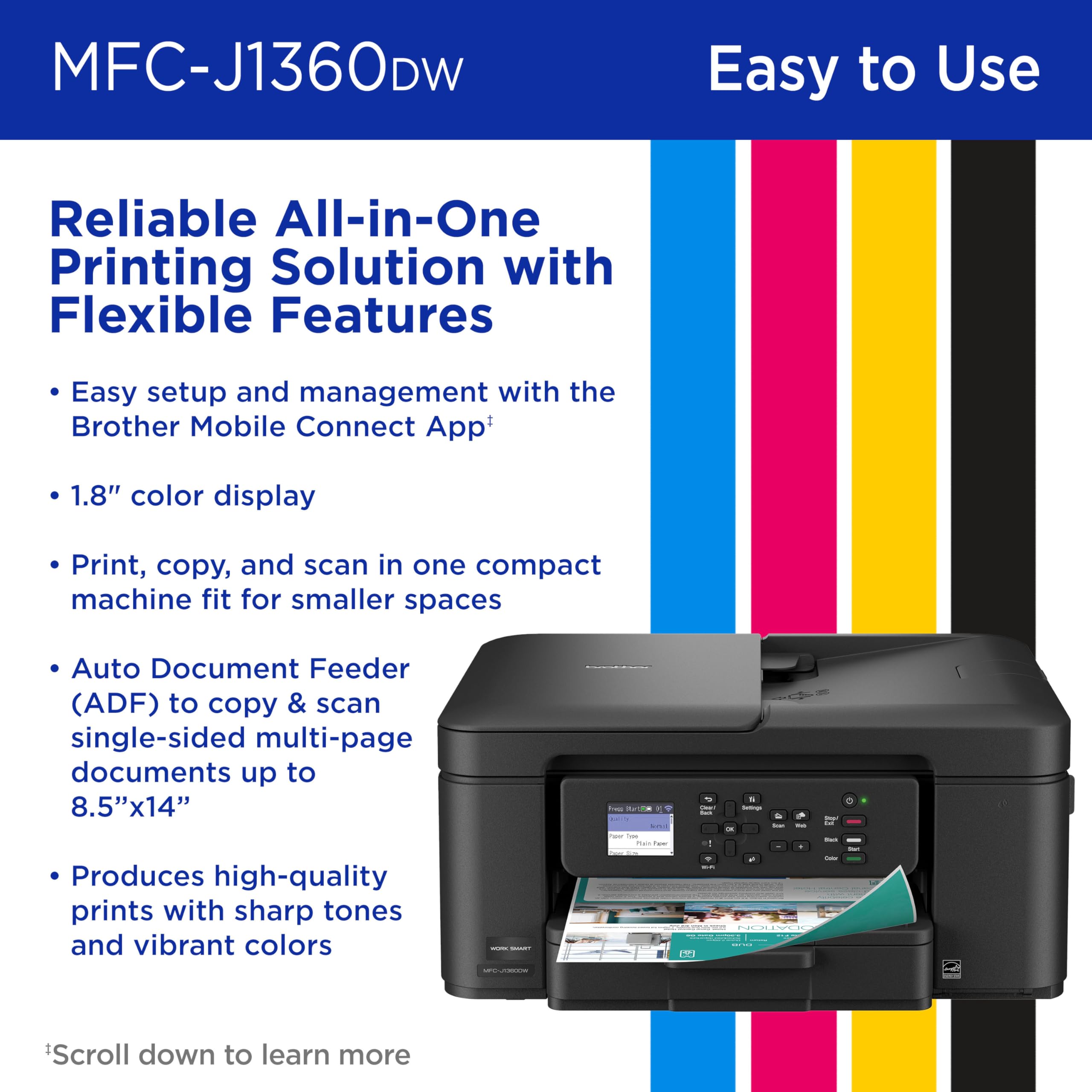Brother Work Smart 1360 Wireless Color Inkjet All-in-One Printer with Automatic Duplex Printing and 1.8” Color Display | Includes Refresh Subscription Trial(1) (MFC-J1360DW) (Uses LC501 Series Inks)