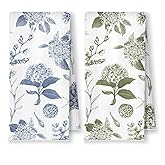 YRDBGHZDF Blue Green Chinoiserie Hydrangea Floral Kitchen Towels, Cottagecore Rustic Flower Dish Tea Towels, Vintage Toile Botanical Decorative Hand Towel for Bathroom Kitchen, 16x24 Inch Set of 2