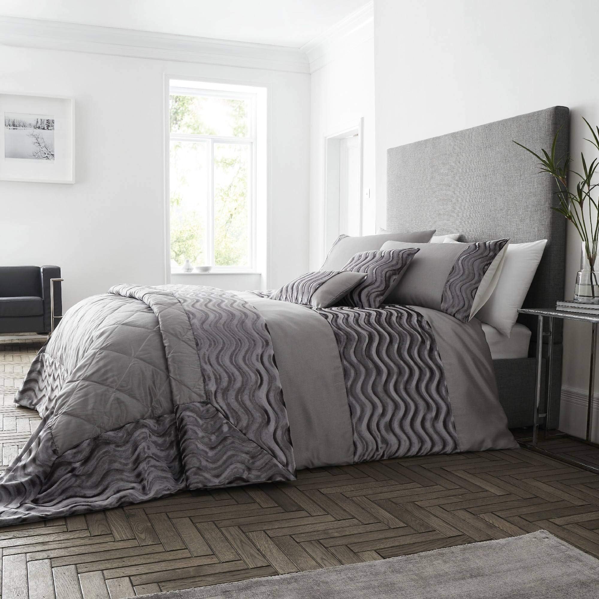 Happy Linen Company Crushed Velvet Wave Effect Panel Slate Grey Double Duvet Cover Bedding Set