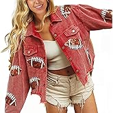 SeekMe Women's Cropped Corduroy Jacket Football Sequin Patched Short Button Raw Hem Jacket Coat