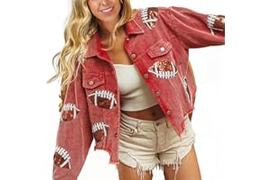 SeekMe Women's Cropped Corduroy Jacket Football Sequin Patched Short Button Raw Hem Jacket Coat