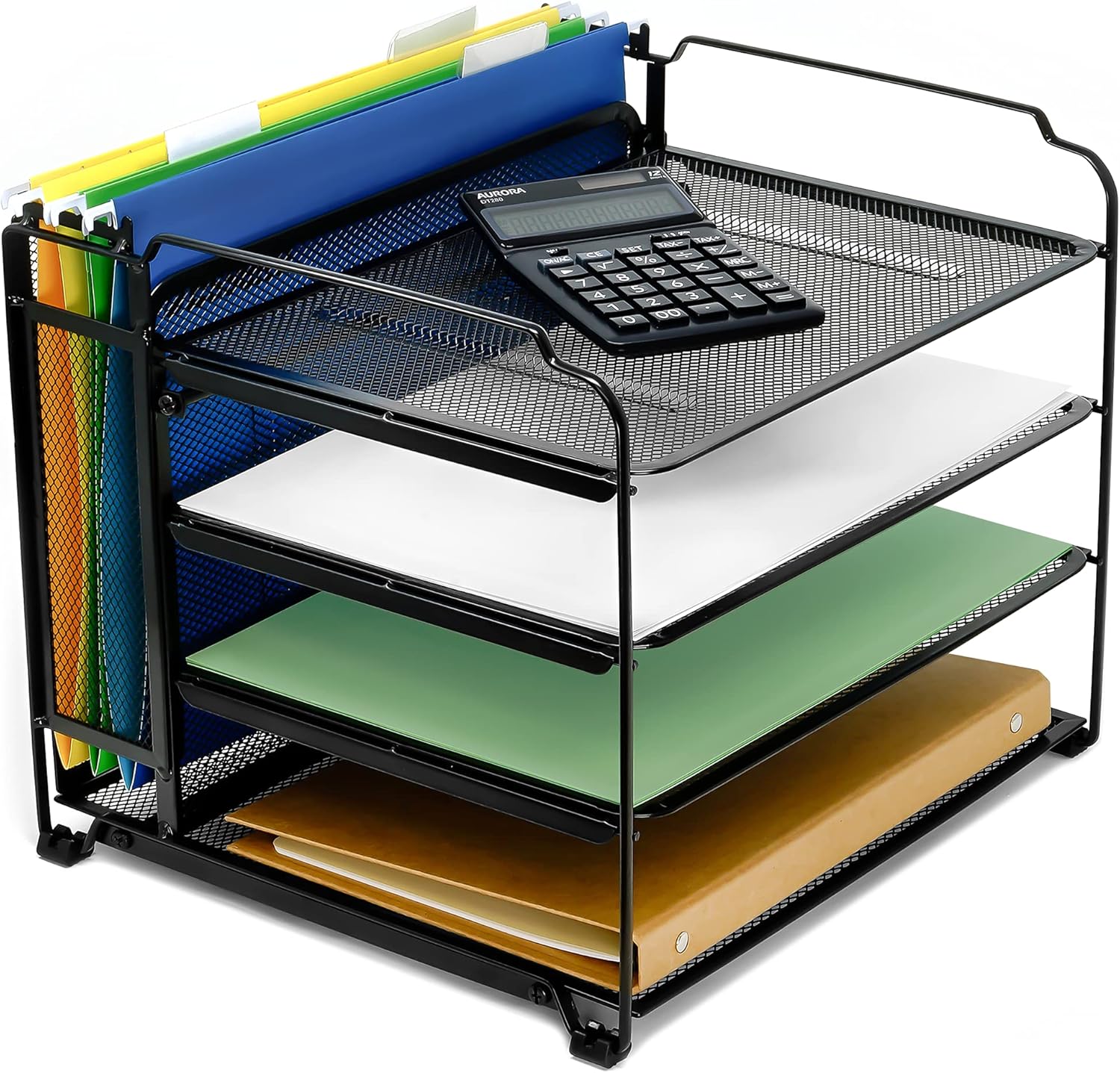 CAXXA 4 Tier Mesh Document Trays with Vertical Upright Section for Hanging File Holders, Mesh Office Supplies Desk Organizer, BLACK: Home Improvement