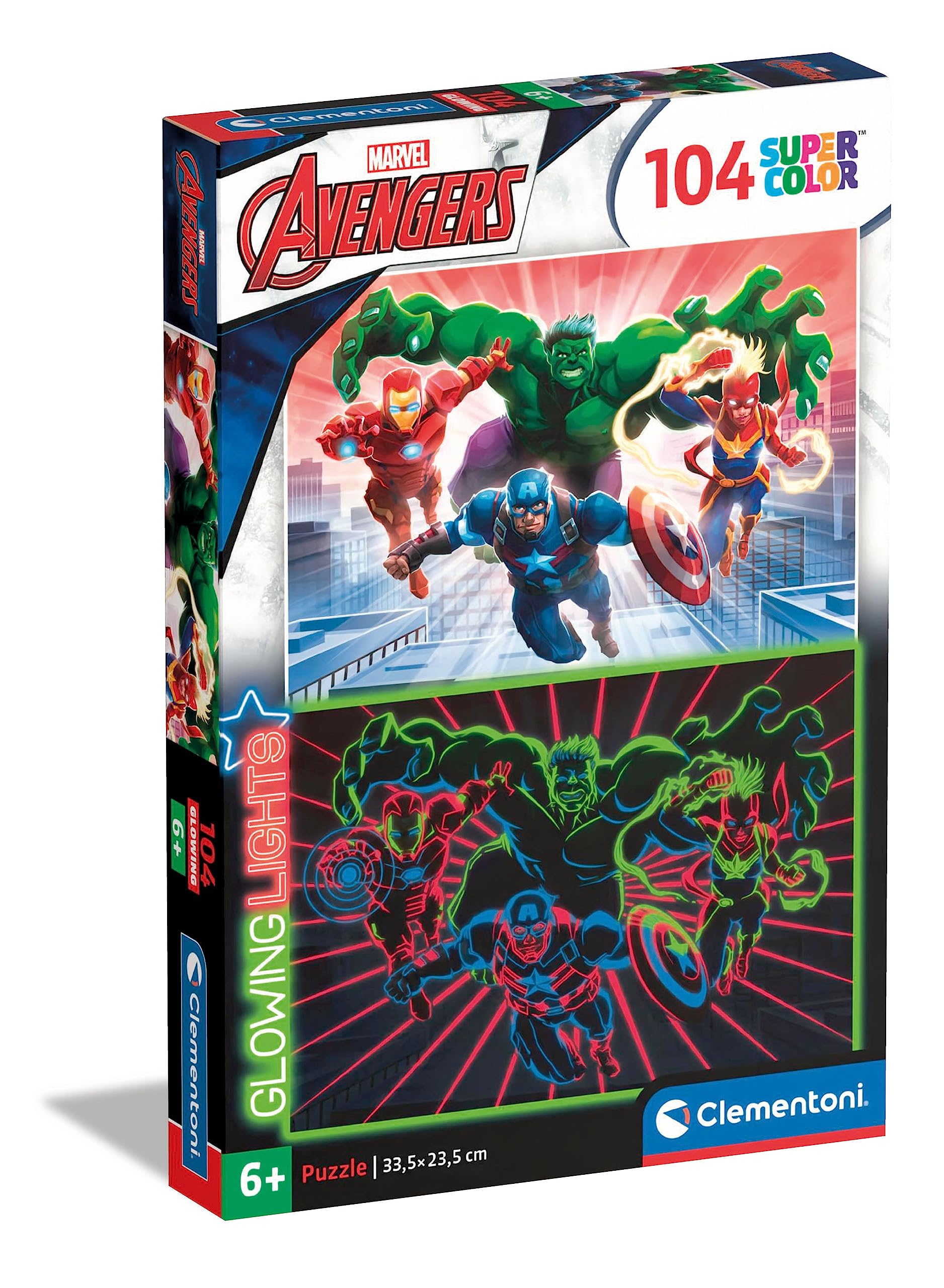 Clementoni - 27554 - Glowing Lights Collection - Marvel Avengers, puzzle glow in the dark - 104 Pieces - jigsaw puzzles for kids age 6 - Made in Italy, cartoon puzzles