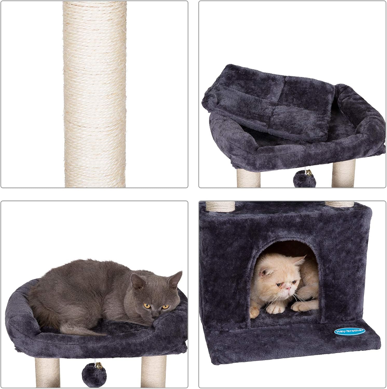 Hey-brother 37.8 inches Medium-Size Cat Tree for 3 Cats Use with Luxury Condo, Cat Tower with 2 Padded Plush Perches and 2 Cozy Baskets, Smoky Gray MPJ006G : Pet Supplies