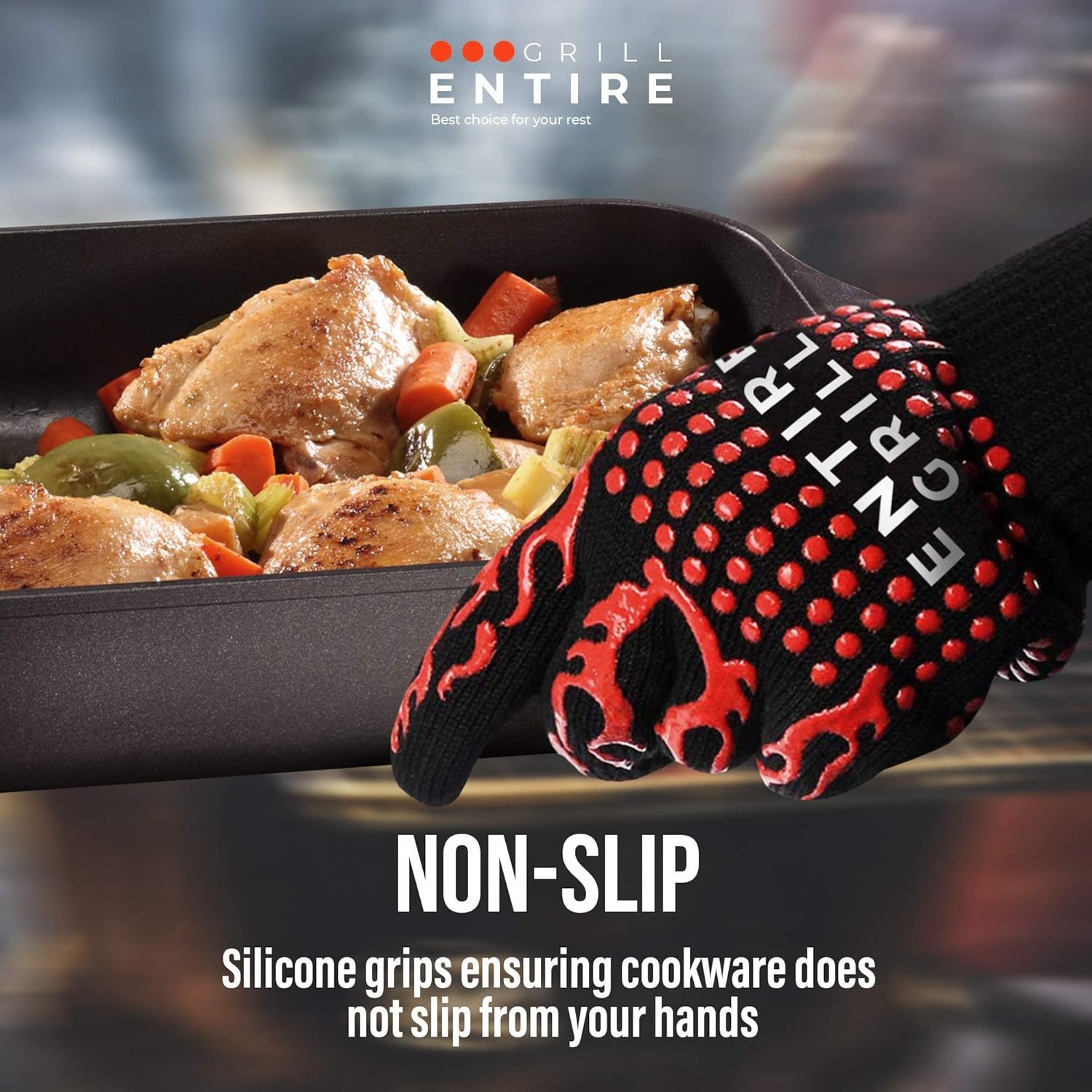 Entire BBQ Grill Gloves, Extreme Heat Resistant, Insulated Fireproof Silicone Oven Mitts for Cooking, Grilling, Smoker Baking, Barbecue, Non-Slip Grip Pair with Silicone Brush & BBQ Grilling Tong: Home & Kitchen