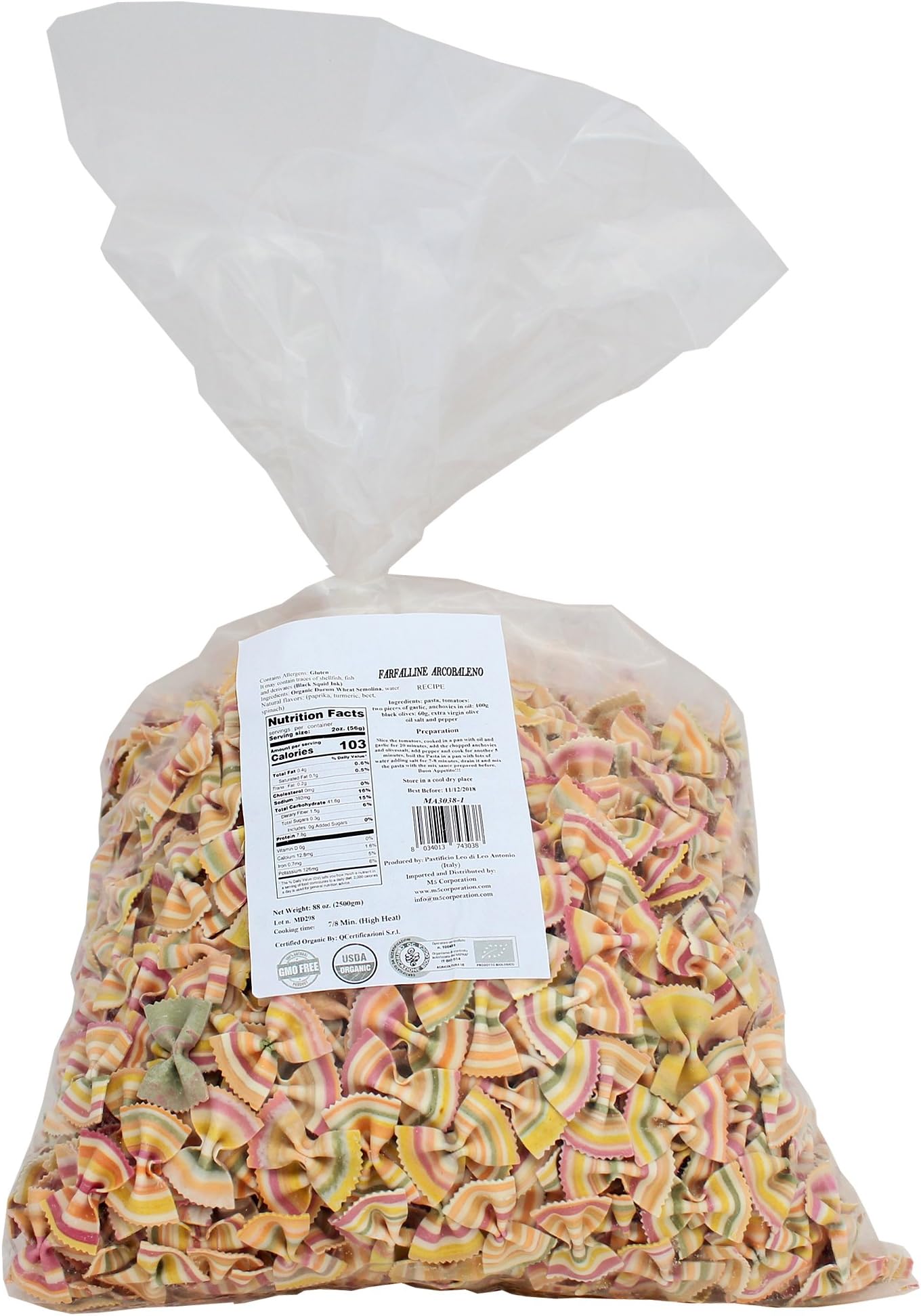 Italian Pasta Fantasia Organic Rainbow Bulk Bowtie Colored Pasta, 2.5 Kg Bag