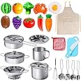 POPUTOY 28Pcs Pretend Play Kitchen Toys, Kitchen Playset Cooking Toys Set with Stainless Steel Cookware and Accessories for Kids Toddlers Girls Boys