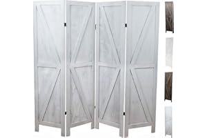 PREMIUM HOME DECOR Premium Home 4-Panel Room Divider – Rustic White Barn Door, K Pattern Folding Privacy Screen, Partition Wall