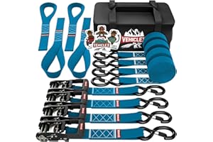Motorcycle Ratchet Tie Down Straps with Soft Loops - Vehiclex 4PK Heavy Duty 1.5" x 8ft Kit, 4,400 lb Breaking Strength for Powersports, Blue