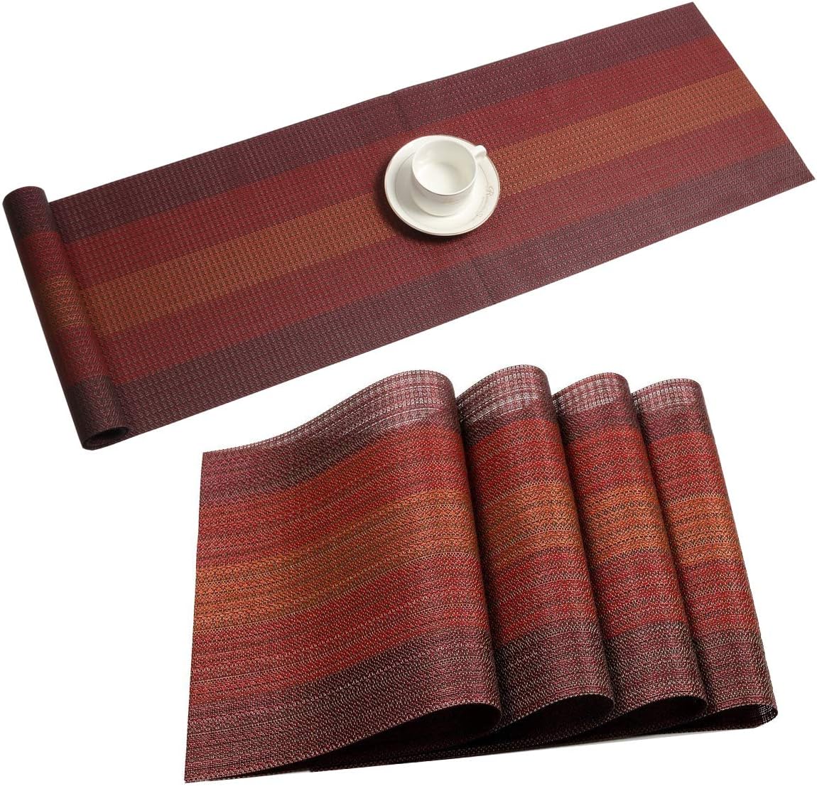 Pauwer Placemats with Table Runner Set Heat Resistant Washable Woven Vinyl Placemats Set of 6 and Runner for Dining Table Wipe Clean: Home & Kitchen