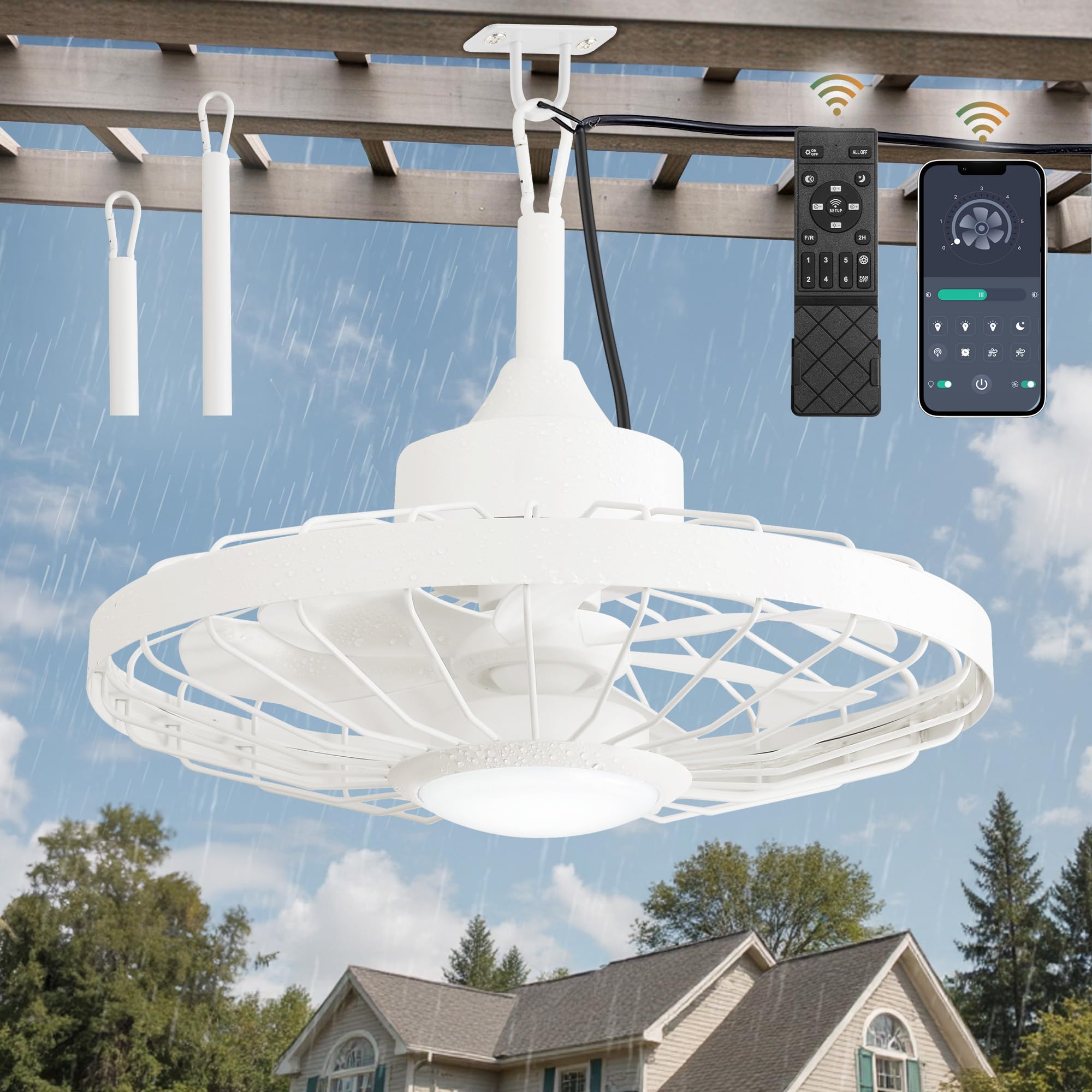 LEDIARY 20" Outdoor Ceiling Fan with Lights,IP65 Waterproof Gazebo Hanging Fan with Remote Control Smart App, Plug in Caged Ceiling Fan with 3CCT 6-Speeds for Patio Porch Pergola(White) Image