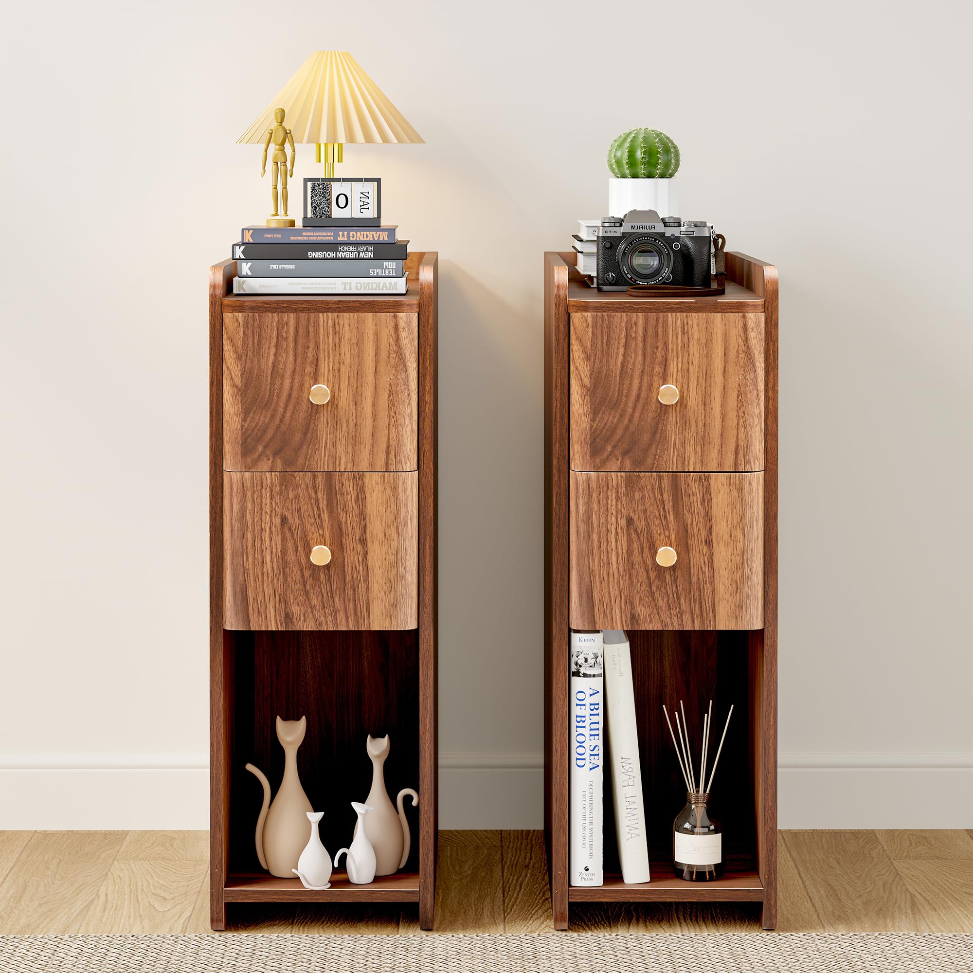Photo 1 of **DAMAGED**Narrow Nightstand Set of 2, Wooden Small 2 Drawer Nightstand, Slim Side End Table, Skinny Bedside Table, Mid Century Modern Night Stand with Drawers, for Bedroom (Walnut-2pcs)