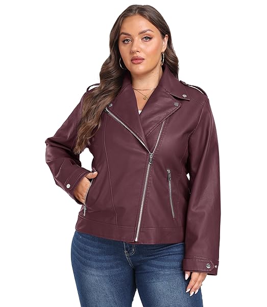 WANTDO WOMEN’S ZIP UP LIGHTWEIGHT LEATHER JACKET PLUS SIZE MOTO COAT WINE RED 4X