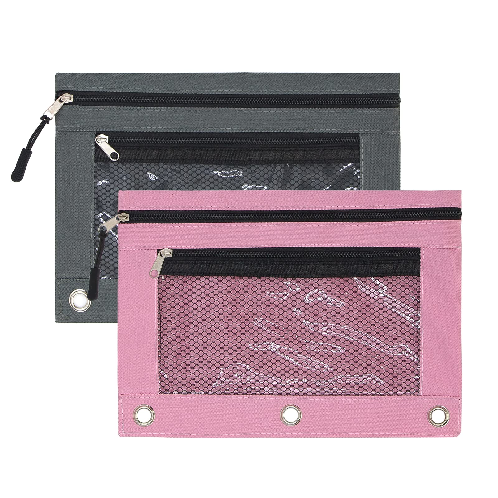 Photo 1 of KBD 3 Ring Binder Pencil Pouchs, Zippered Pencil Pouch with Zipper Pulls Double Pocket Pencil Pouch 3 Ring with Clear Window (Grey &Pink 2pack)