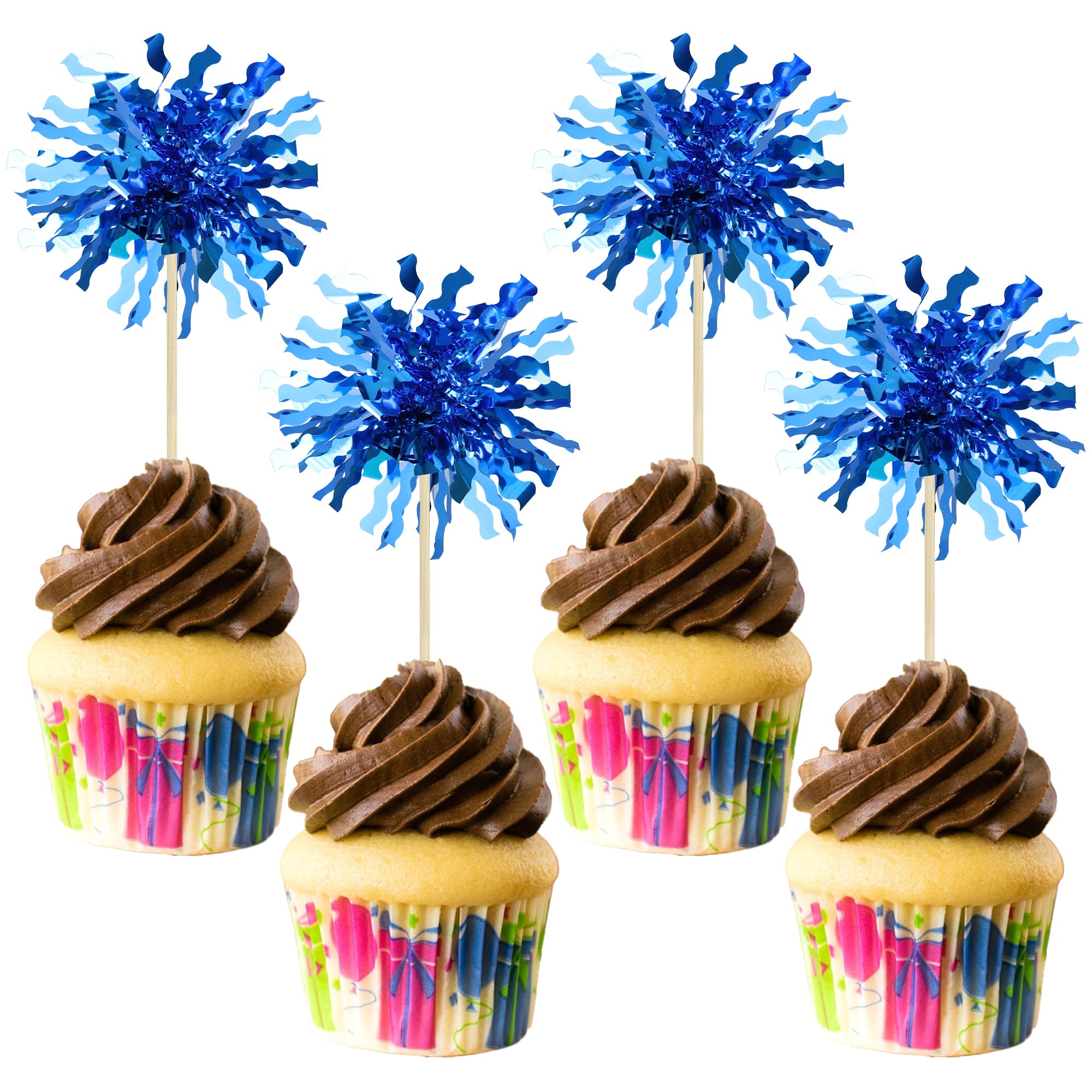 Photo 1 of Gyufise 30Pcs Foil Firework Cupcake Toppers Happy Birthday Cake Toppers Sparkle Tinsel Flower Drink Stirrers Cocktail Food Fruit Toothpicks for Valentine's Day Party Supplies Blue
