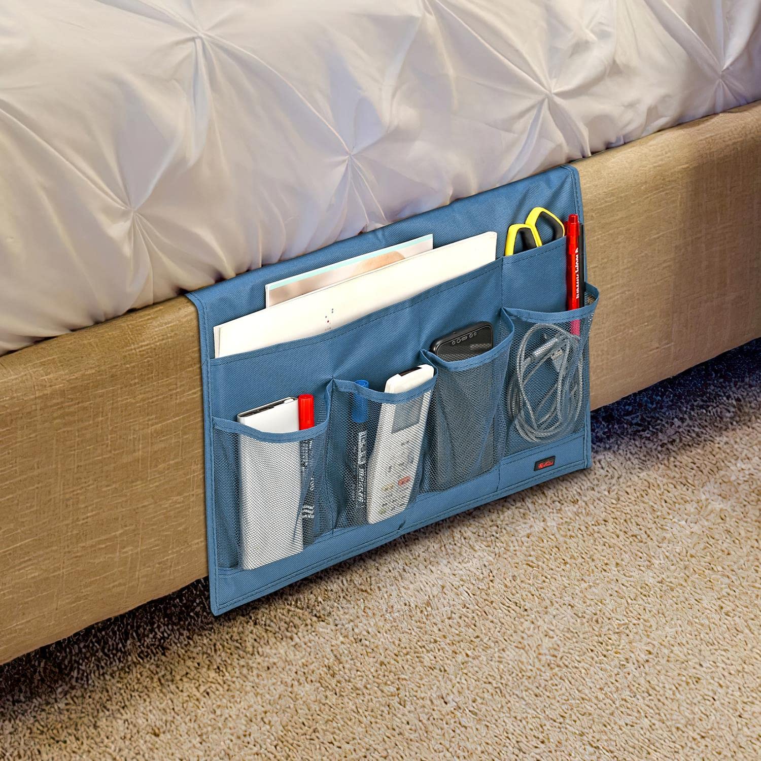 Vinsani Bedside Caddy Organiser Bed Pocket Under Couch Table Mattress Sofa Storage for Storing Books Magazines Tablet Remote Control Phone Cables Eyeglasses Holder – Navy Blue