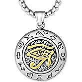 HAQUIL Stainless Steel Eye of Horus Hieroglyphic Medallion Pendant Necklace, Box Chain, Egyptian Jewelry Gifts