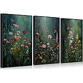 3Pcs Dark Green Floral Canvas Wall Art Moody Wildflowers Poster Prints Vintage Nature Rustic Botanical Flowers Pictures for Bedroom Living Room Office Bathroom Wall Decor 12x16in Unframed