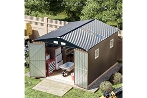 Breezz Outdoor Storage Shed 10 x 12ft. Utility Tool Shed Metal Storage Garden Shed with Lockable Doors, Windows & Metal Frame Floor for Patio Storage,Brown