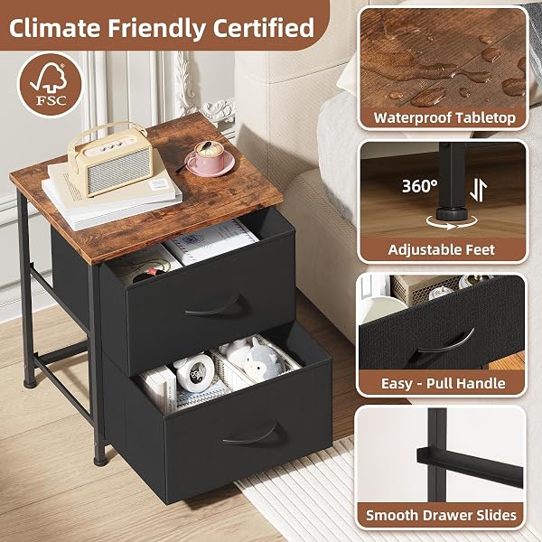 SOMDOT NIGHTSTAND, SMALL 2 DRAWER DRESSER END TABLE, CHEST OF DRAWERS, BEDSIDE TABLE NIGHT STAND END TABLE WITH FABRIC BINS FOR BEDROOM KIDS CLOSET DORM GUEST ROOM, BLACK RUSTIC BROWN