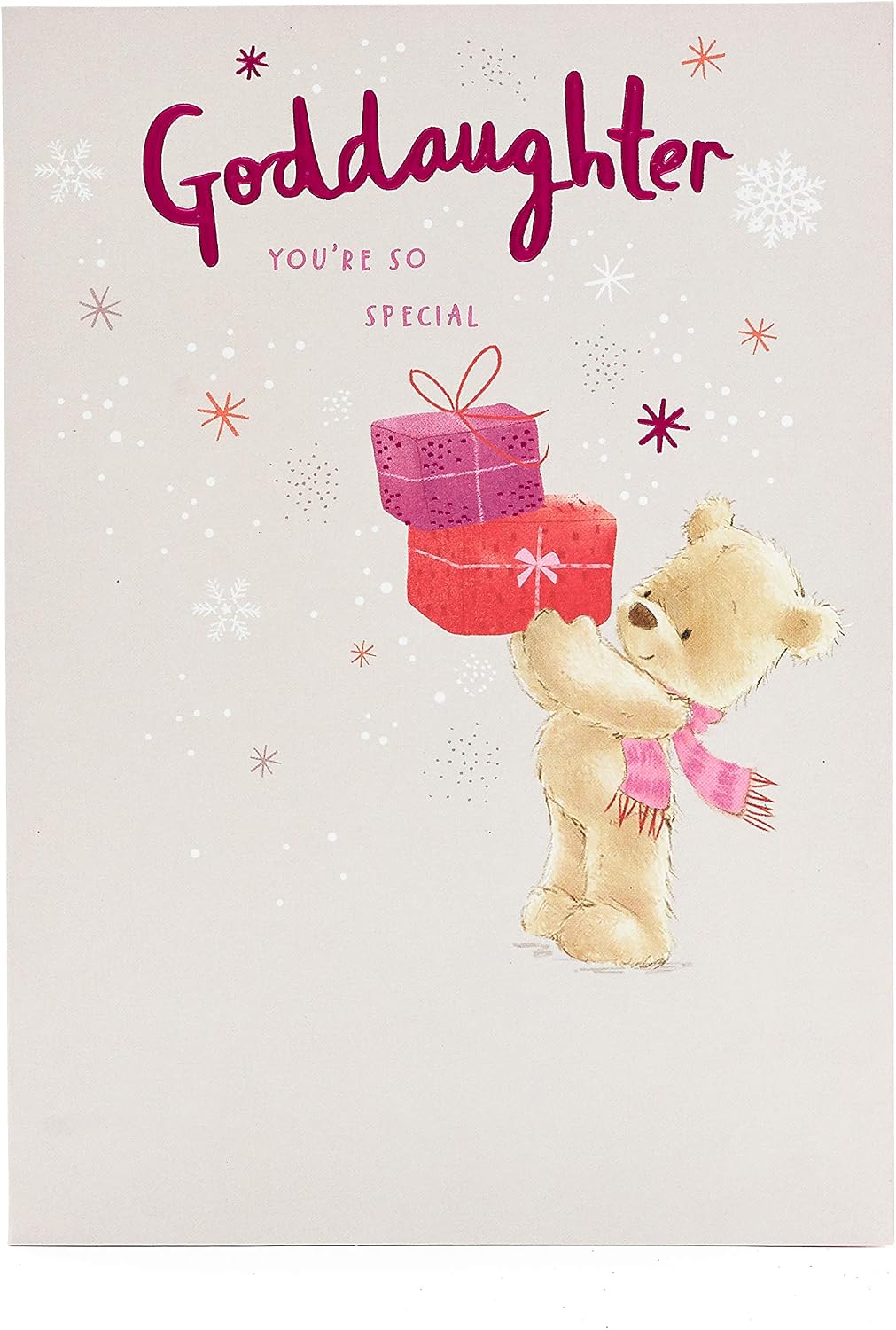 UK Greetings Christmas Card for Goddaughter - Teddy & Presents Design, Goddaughter Teddy & Presents, 140mm x 195mm