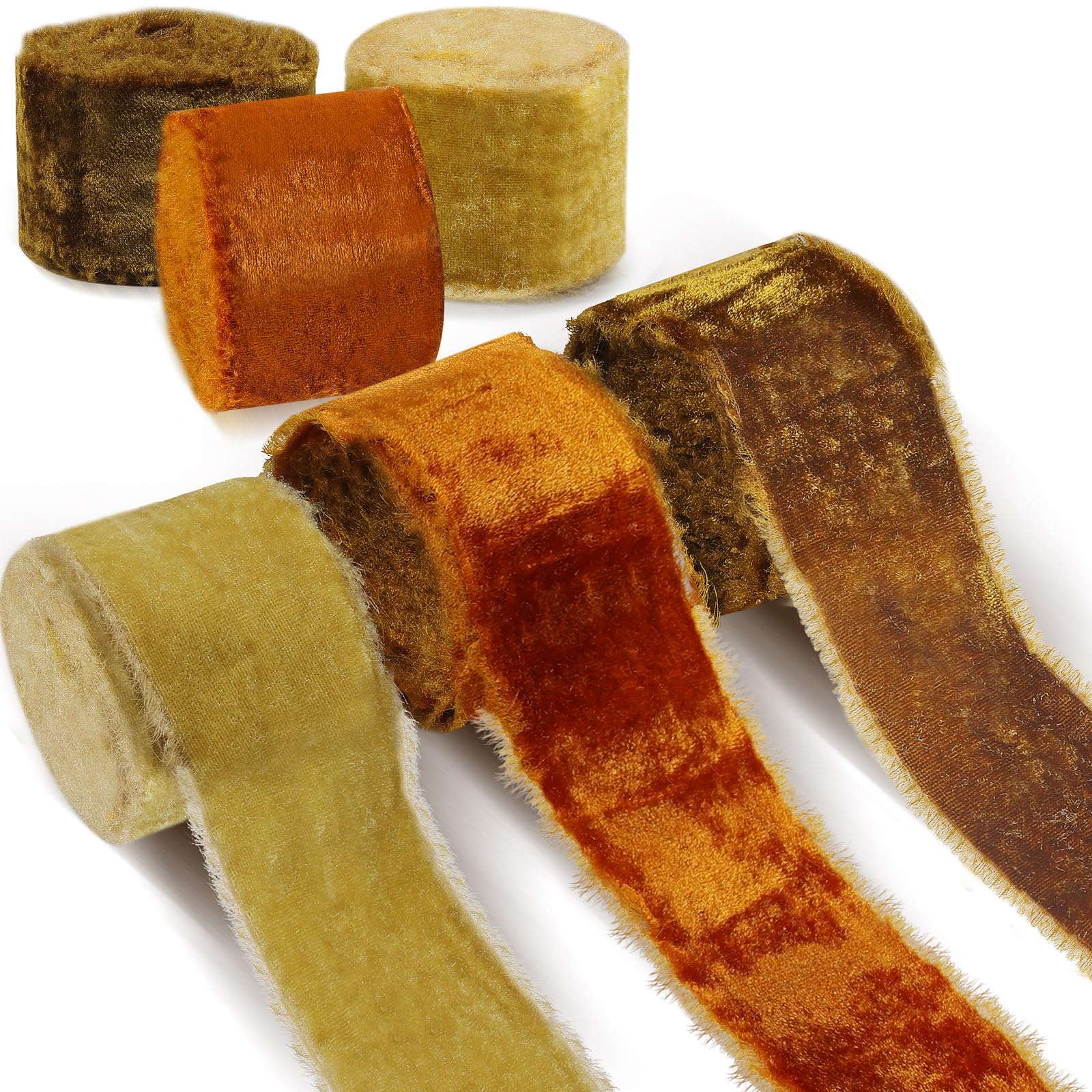 Photo 1 of 3 Roll Christmas Silk Velvet Vintage Wrapping Ribbon, Raw Edge Fringe Ribbon for Xmas Bow Wreath Wrapping Floral Bouquets - 9 Yards (Apricot, Khaki, Brown, 2'' Width)