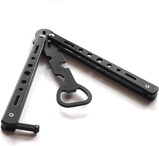 Amazon Co Jp バタフライナイフ タイプ 栓抜き スパナ 刃なし 練習用 折り畳み式 ボトルオープナー リングカラビナ付 ブラック ホビー