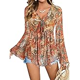 Verdusa Women's 70s Outfits Western Going Out Tops Paisley Boho Mesh Peplum V Neck Long Sleeve Blouse
