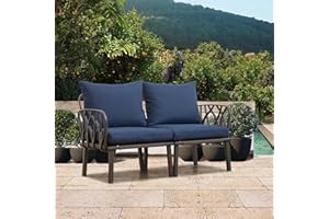 DOMI OUTDOOR LIVING Domi Loveseat Patio Sofa with Removable Navy Blue Cushions, All-Weather Modern Metal Plastic Dining Chairs Patio Furniture for Balcony, Porch, Lawn and More