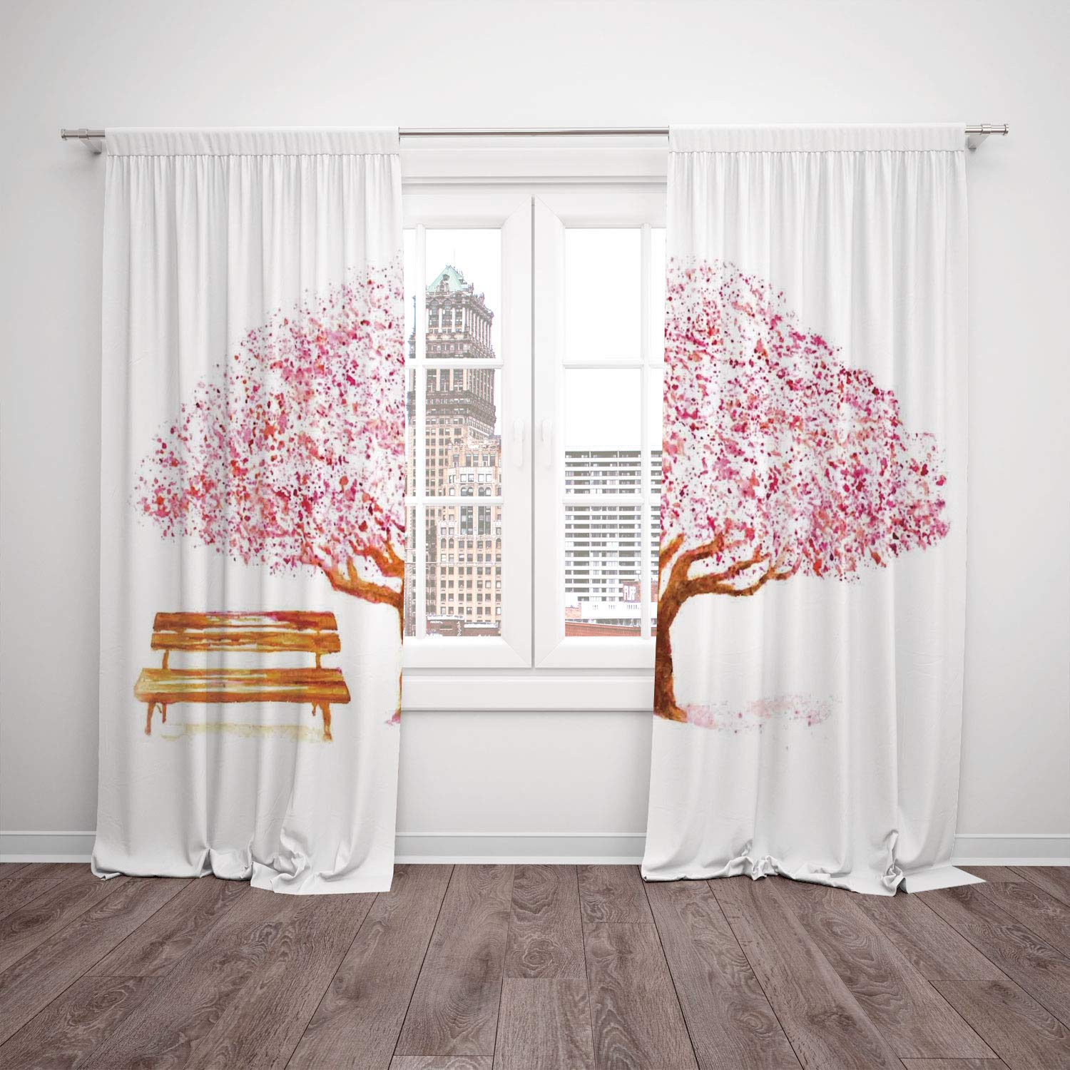 Scocici Satin Window Drapes Kitchen Curtains Nature Decor Watercolor Blooming Cherry Tree In The Park Wooden Bench Floral Art Print Pink Brown