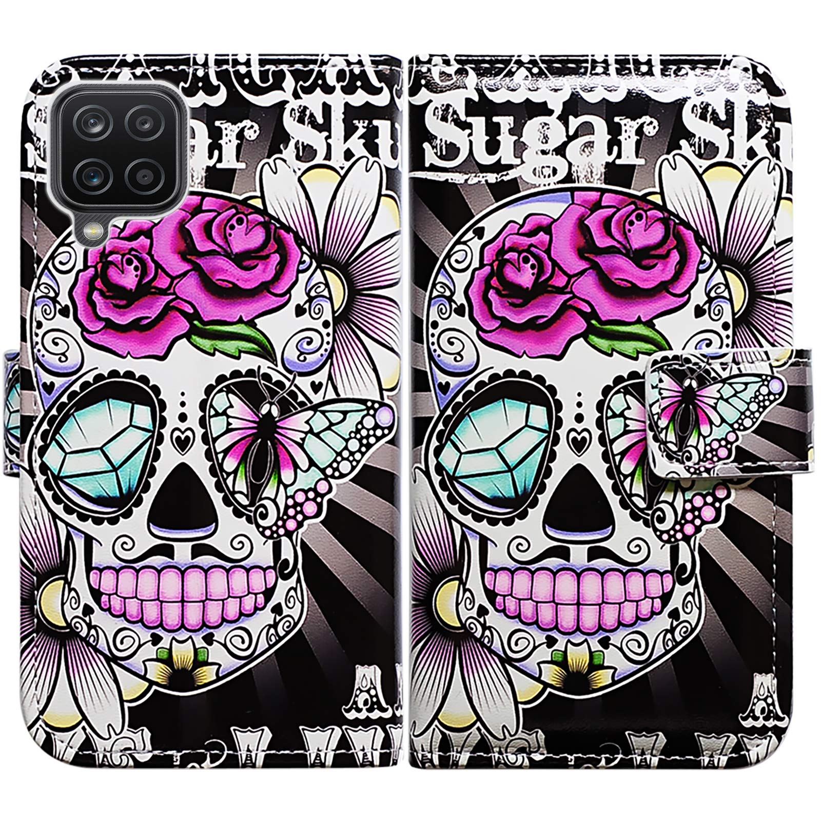 Bcov Galaxy A12 Case, Purple Flower Sugar Skull Leather Flip Phone Case Wallet Cover with Card Slot Holder Kickstand For Samsung Galaxy A12 2021