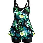 HUSKARY Tankini Swimsuits for Women Tummy Control Two Piece Bathing Suit Flowy Swim Tank Top with Boyshorts