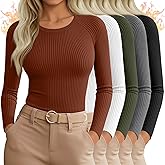 Sweetyweee 5 Pack Women's Thermal Long Sleeve Shirts Ribbed Knit Cotton Tops Crewneck Warm Base Layer Fitted Undershirts