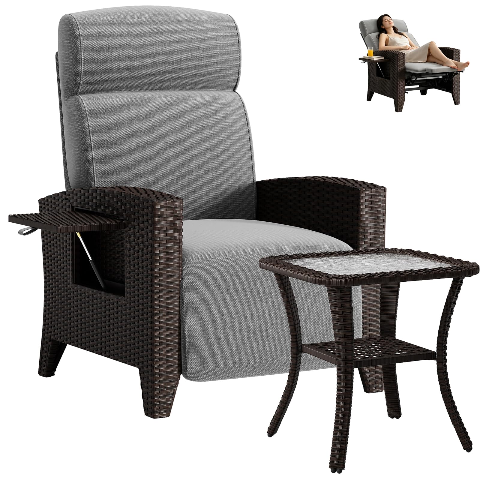Outdoor Relaxsessel mit Klappbarem Seitentisch, 150° Verstellbarer Polyrattan Liegesessel mit Fußstütze & Kissen, Gartenliege für Innen & Außen,Terrassenstuhl für Balkon Garten Poolbereich (1Stuhl+1T)