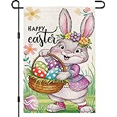 zeevly Happy Easter Garden Flag 12x18 Inch Double Sided Bunny with Flowers Easter Eggs Small Burlap Yard Flag for Outside