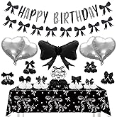 Black Bow Happy Birthday Decorations - Women Girls Bow Theme Party Decorations with Honeycomb Centerpieces, Banner, Foil Balloons, Tablecloth, Elegant Black Girly Birthday Party Decor for Girls Women