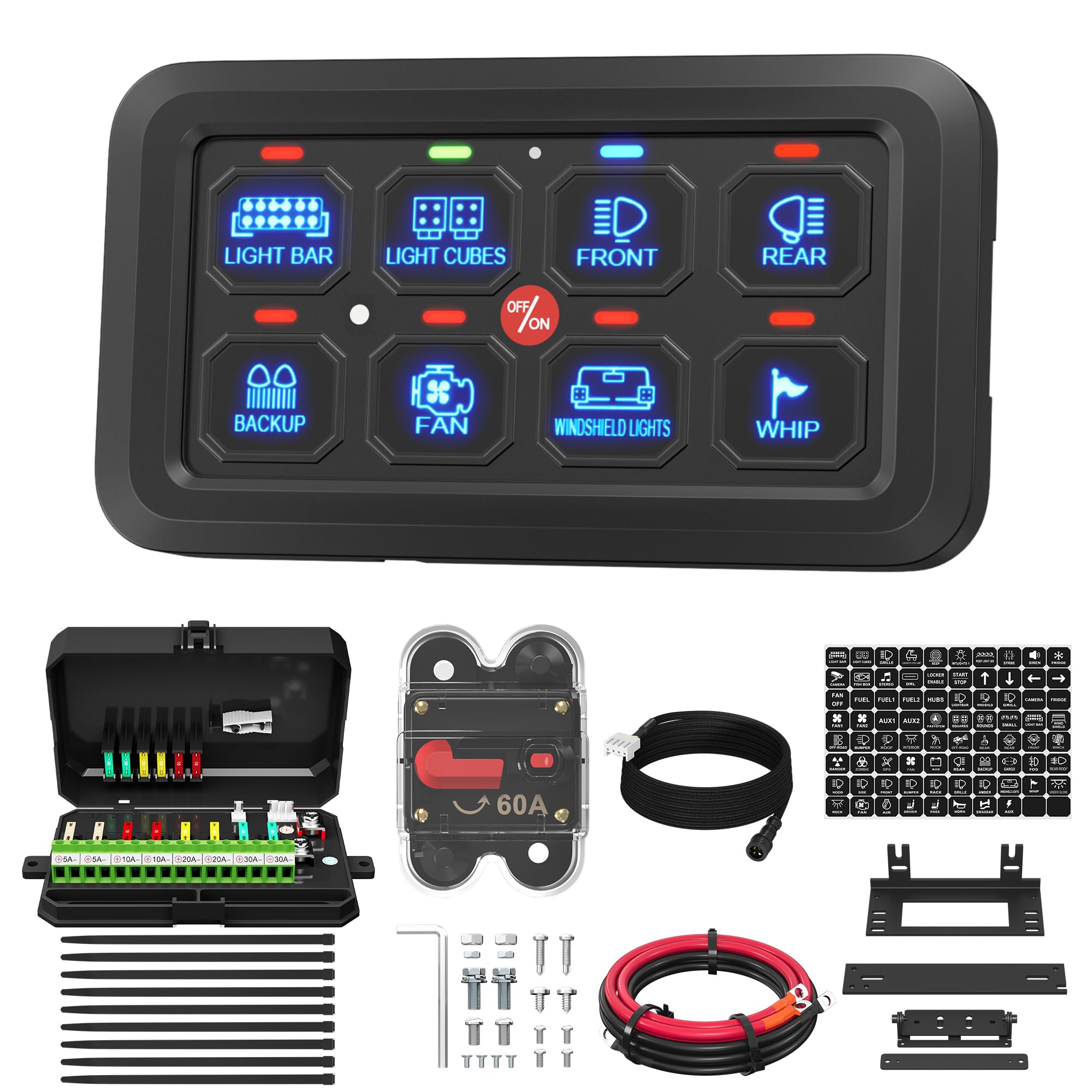 Photo 1 of DaierTek 8 Gang Switch Panel RGB LED Lighted Multi-Function Switch Pod Toggle Momentary Pulsed Touch Control Switch Panel Dimmable for Car ATV UTV Boat Marine