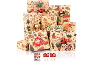 Christmas Wrapping Paper Sheets, 8 Sheets Brown Kraft Christmas Wrapping Paper, Vintage Kraft Gift Wrapping Paper for Christm