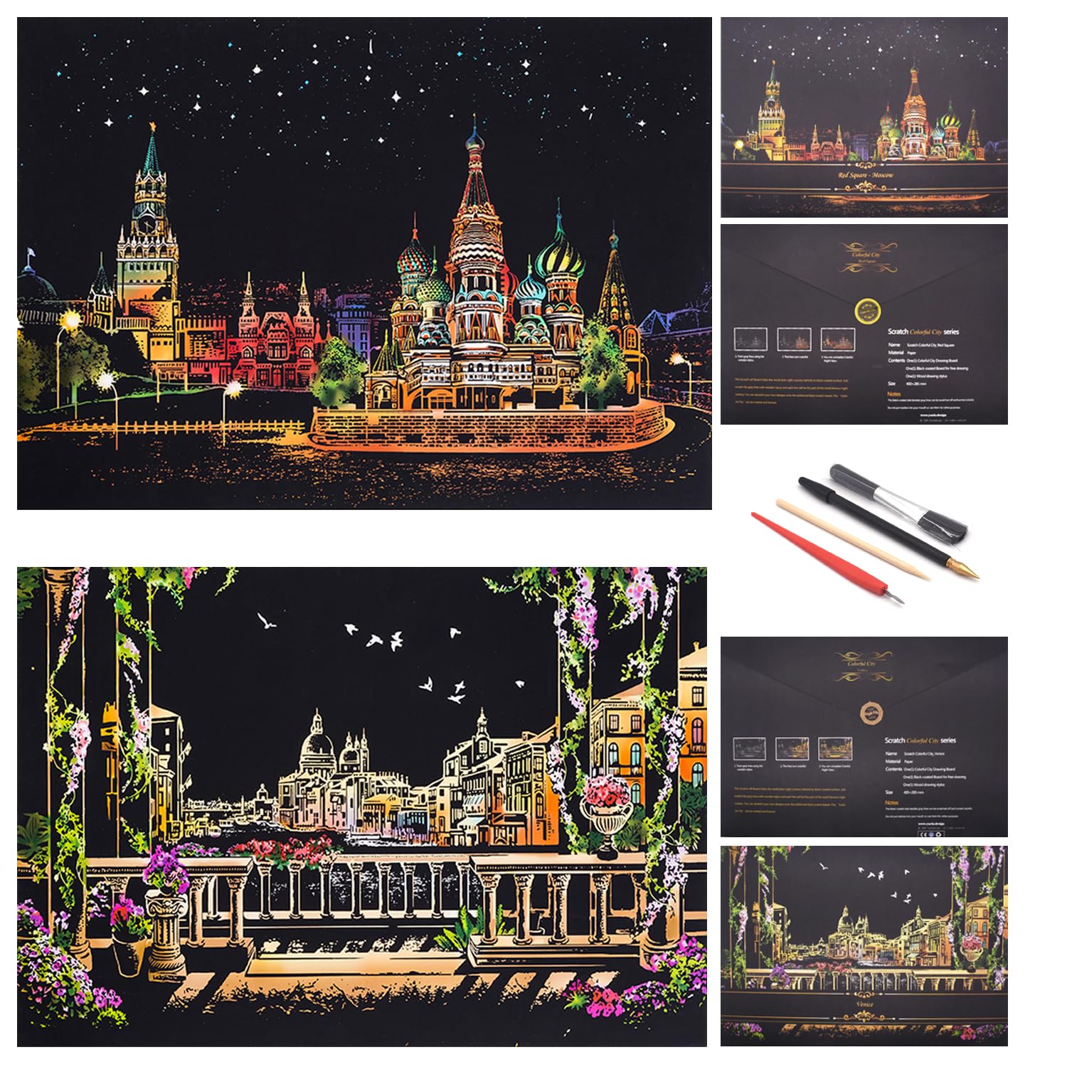 SiYear Scratch Paper Rainbow Painting Sketch, City Series Night Scene,Scratch Painting Creative Gift,Scratchboard for Adult with 4 Tools'' (Russia and Venice