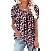 ROSELINLIN Womens Ruffle Sleeve Tunic Tops V Neck Loose Fit Short Sleeve Summer Shirts