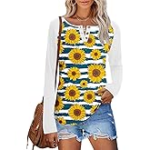 IECCP Long Sleeve Shirts for Women Casual Henley Tops Loose Fit Tshirt Dressy Color Block V Neck Button Womens Tunic Blouse