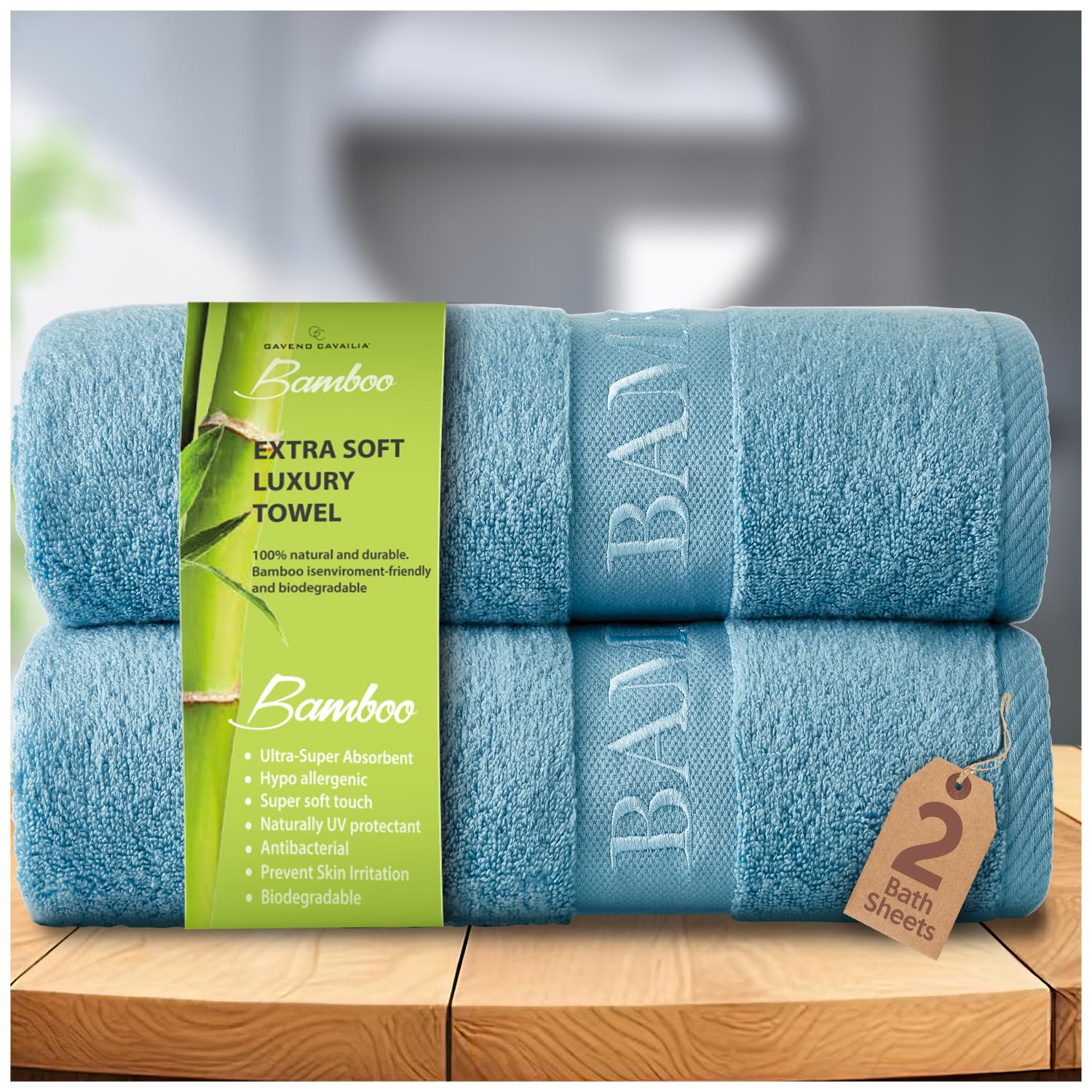 GC GAVENO CAVAILIA Bamboo Bath Sheet Extra Large (80x140cm) - 500 GSM Super Water Absorbent Towels Large Bamboo Towels 2 Pack (60% Bamboo, 40% Cotton) - Extra Soft Towel Bath Sheets - Blue