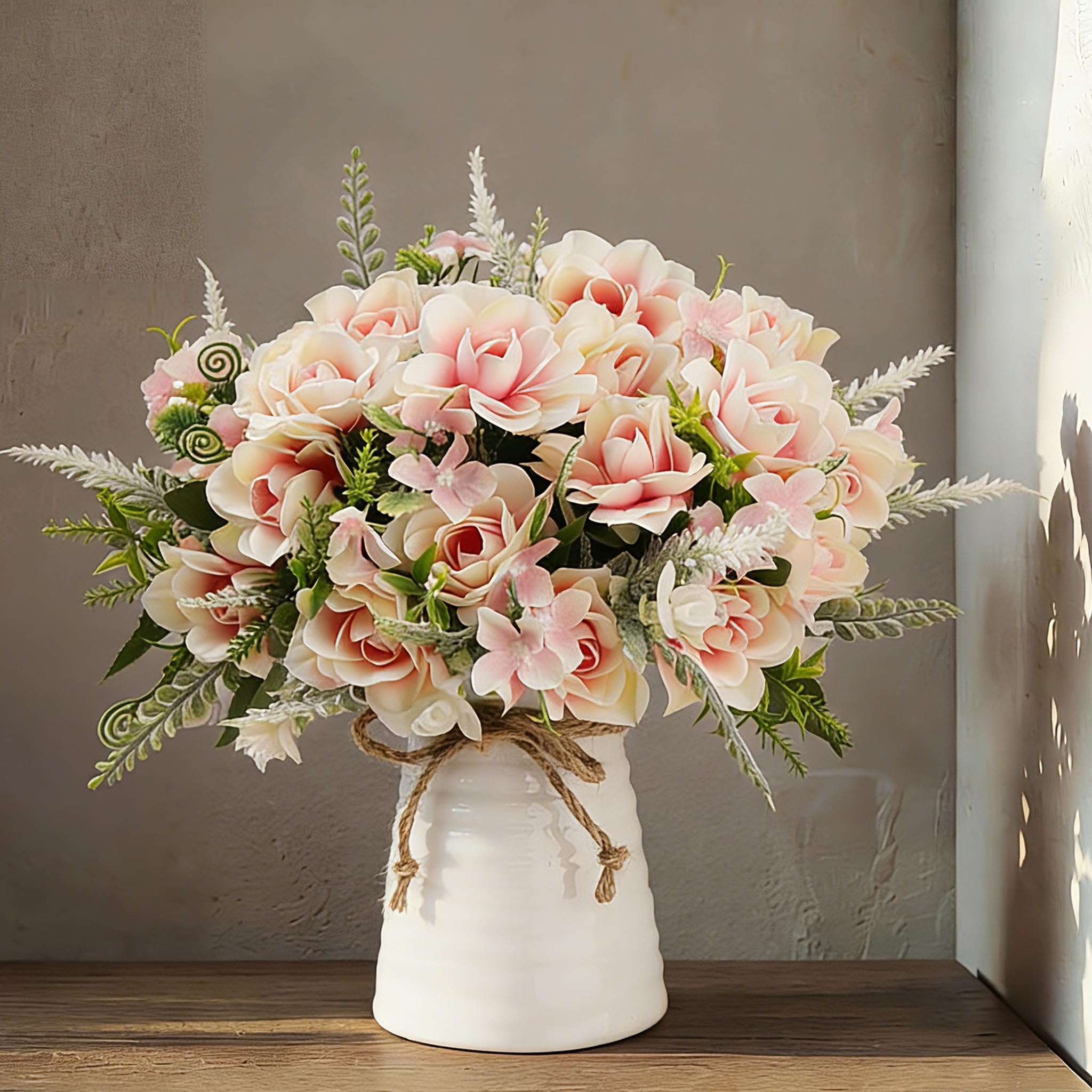 LESING Artificial Flowers with Vase for Table Centerpieces,Fake Silk Gardenia Flower in Vase Decoration for Home Office Party (Pink)