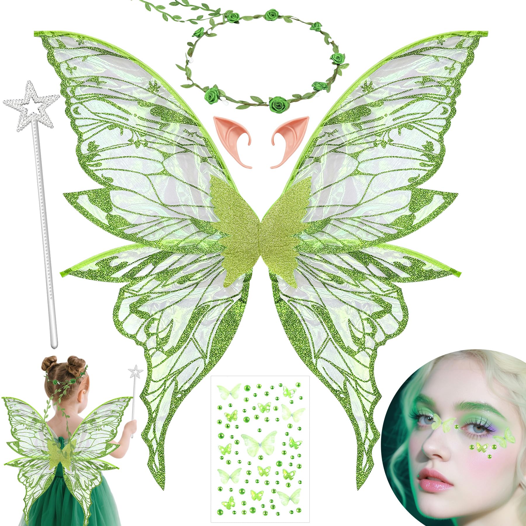 YeahBoom Children's fairy wings, butterfly wings with elf ears, fairy headband and star fairy wands, butterfly wings, princess wings, wing costume for carnivals or parties — image 1